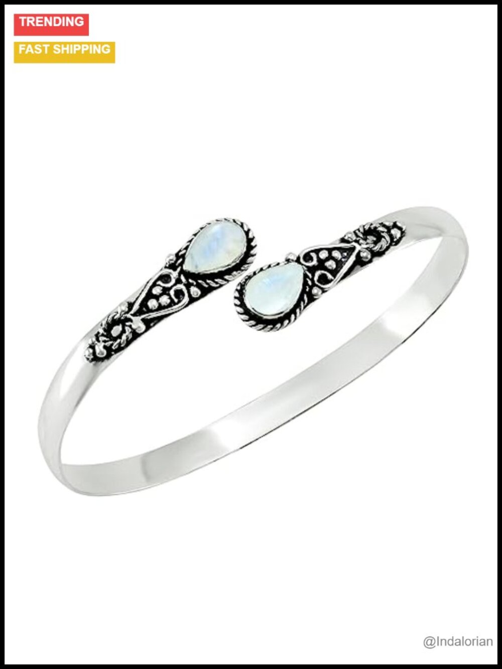 Silver Plated Open Cuff Bangle Bracelet Genuine Moonstone Pear Shape Women